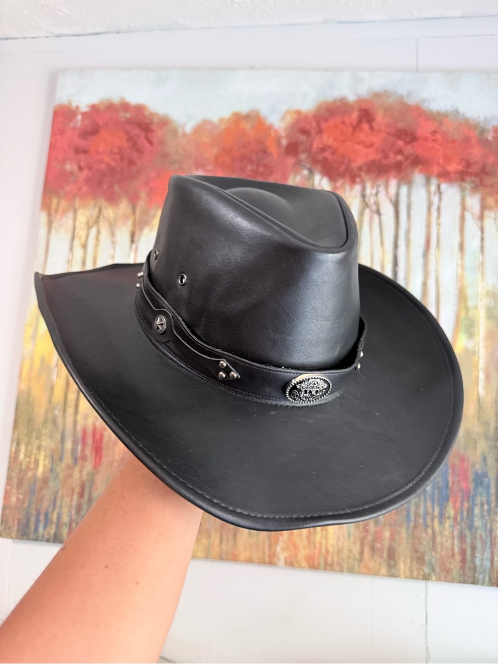 Women's Black Leather Western Hat with Concho Band